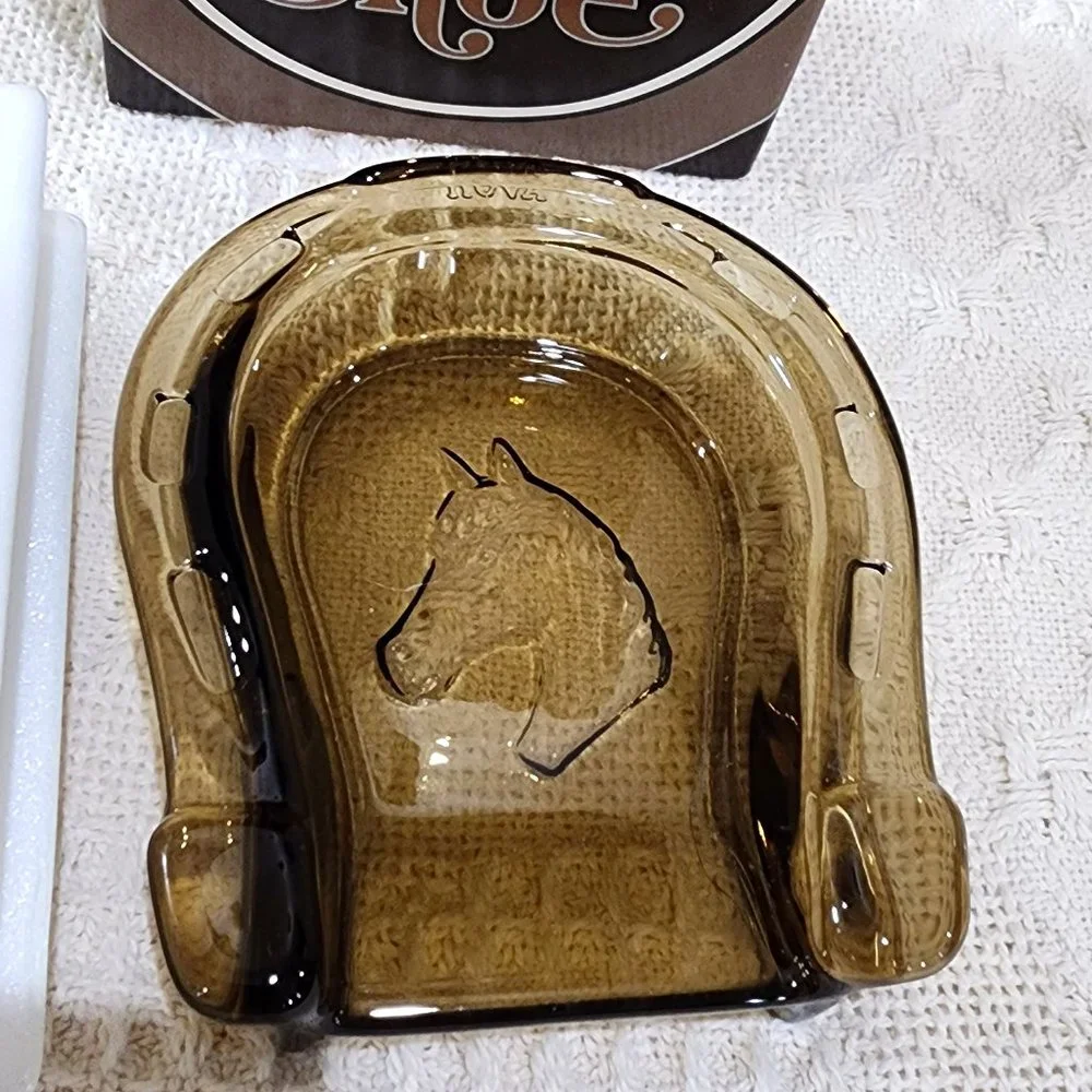 MCM Avon Lucky Horseshoe Glass Soap Dish Ashtray + Scented Trazarra Horse Soap
